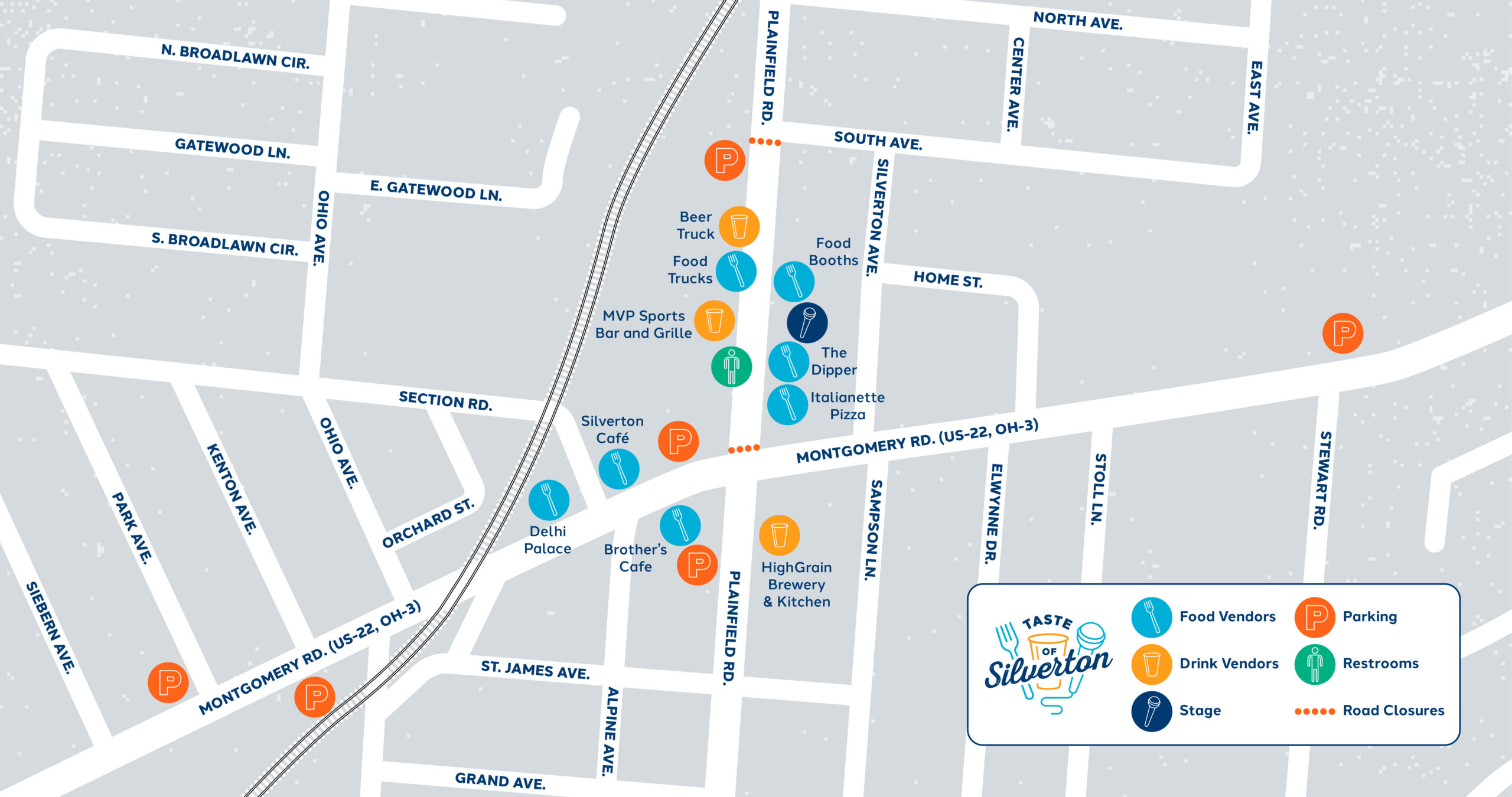 An event map detailing parking information, street closures and vendor locations for Taste of Silverton.